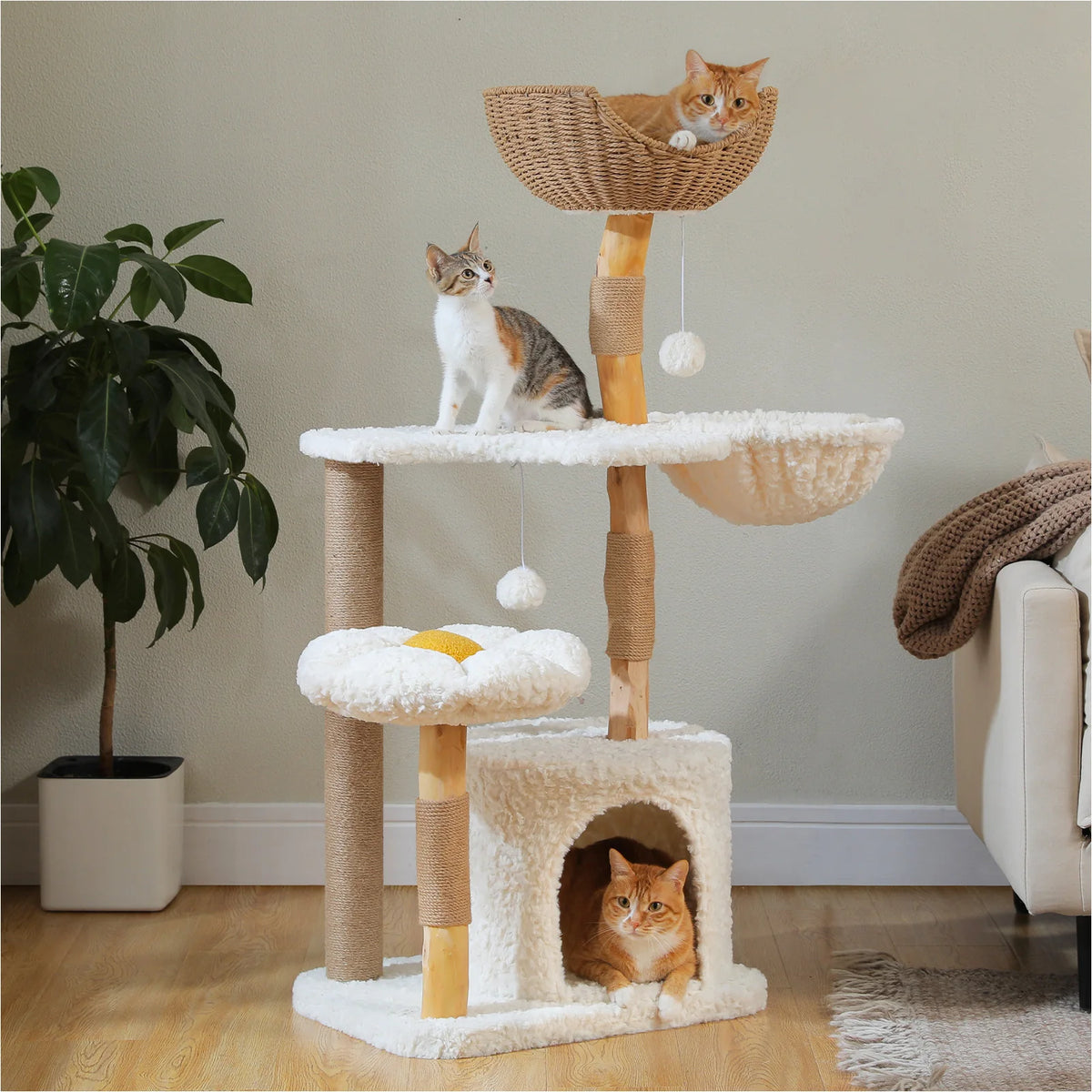 48 Inch Tall 4-Tier Solid Wood Cat Tower with Top Perch, Cozy Hammock and Cave