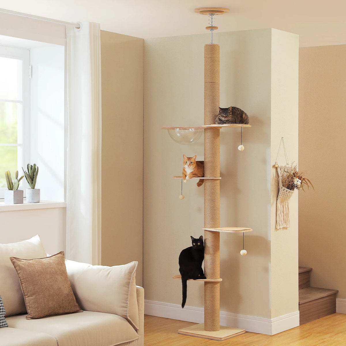 Modern Floor-to-Ceiling Adjustable Willow Wood Tower – 103in Vertical Sanctuary &amp; Acrylic Capsule