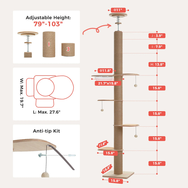 Modern Floor-to-Ceiling Adjustable Willow Wood Tower – 103in Vertical Sanctuary &amp; Acrylic Capsule