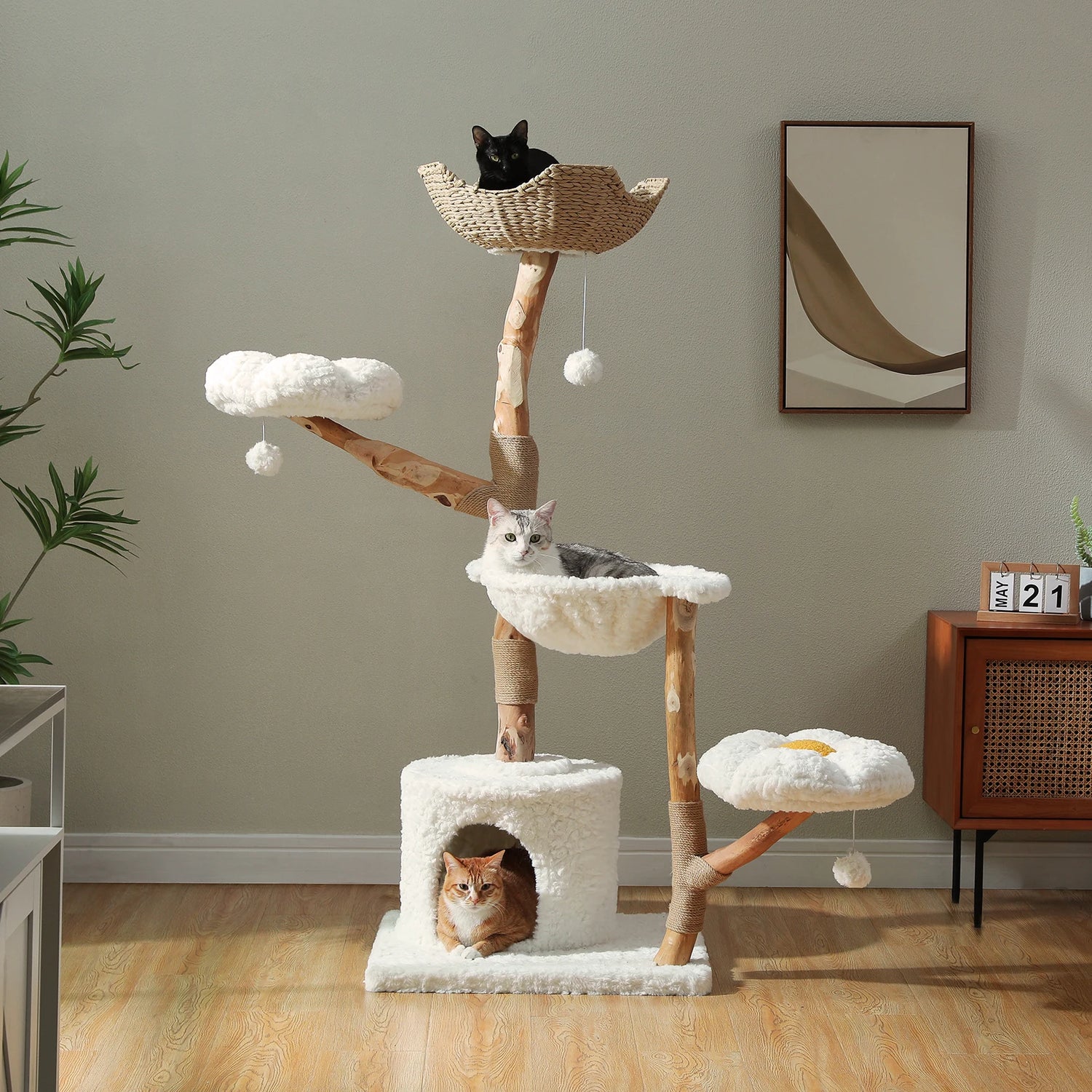 59 Inch Tall 5-Tier Wood Cat Tower with Perches and Ground-Level Cave