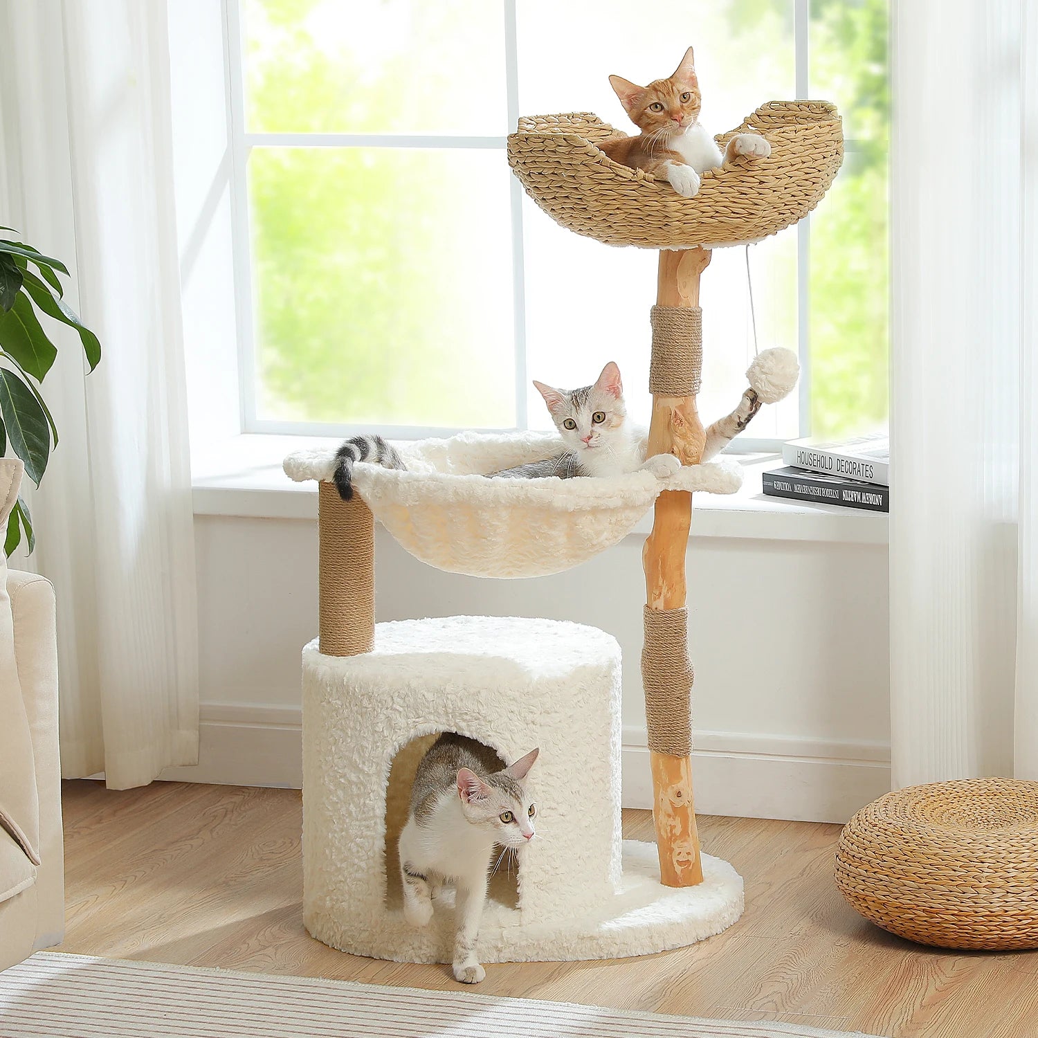 40 Inch Tall 3-Tier Cat Tower with Cozy Hammock, Wicker Nest and Ground-Level Cave