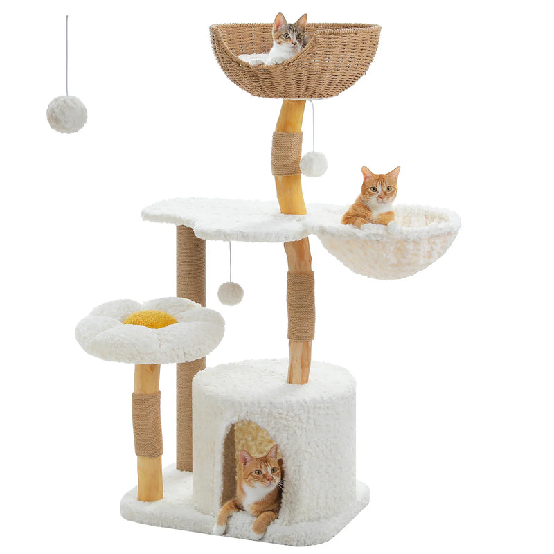 48 Inch Tall 4-Tier Solid Wood Cat Tower with Top Perch, Cozy Hammock and Cave