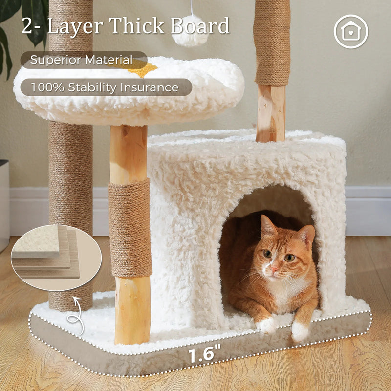 59 Inch Tall 5-Tier Wood Cat Tower with Perches and Ground-Level Cave
