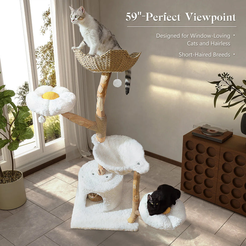 59 Inch Tall 5-Tier Wood Cat Tower with Perches and Ground-Level Cave
