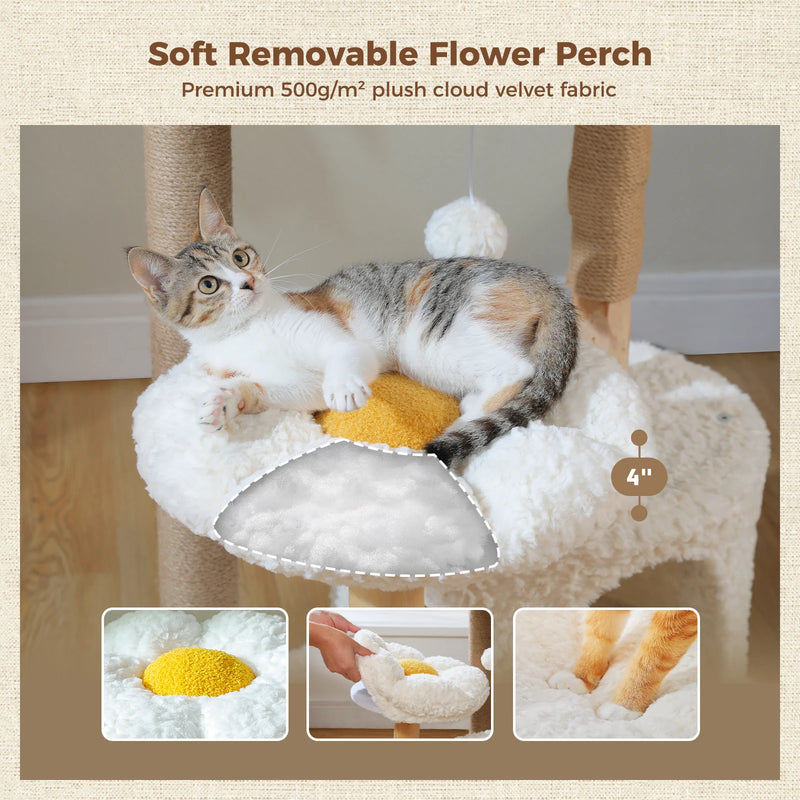 48 Inch Tall 4-Tier Solid Wood Cat Tower with Top Perch, Cozy Hammock and Cave