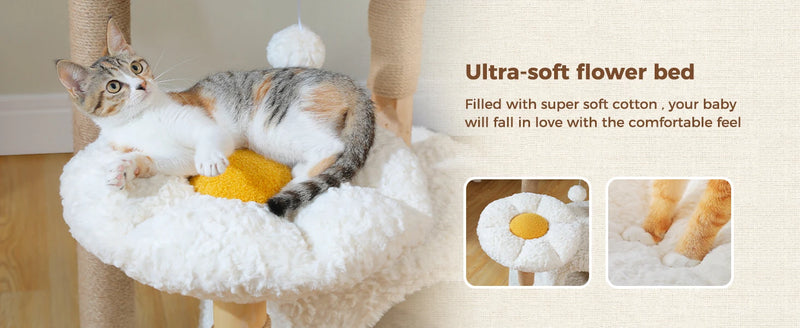 48 Inch Tall 4-Tier Solid Wood Cat Tower with Top Perch, Cozy Hammock and Cave