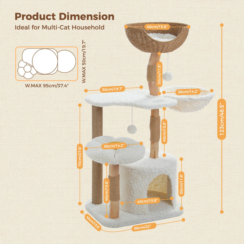 48 Inch Tall 4-Tier Solid Wood Cat Tower with Top Perch, Cozy Hammock and Cave