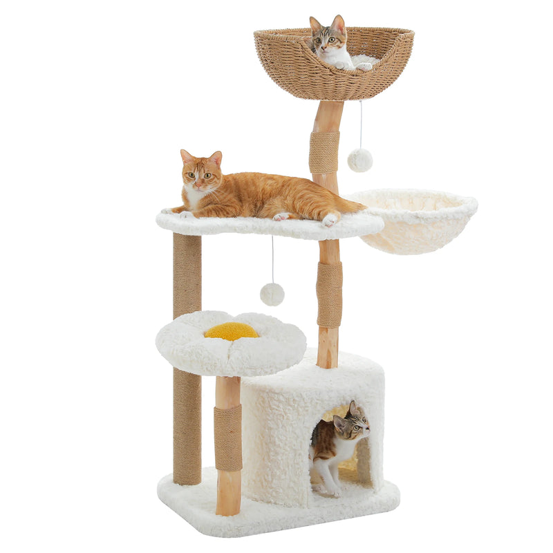 48 Inch Tall 4-Tier Solid Wood Cat Tower with Top Perch, Cozy Hammock and Cave