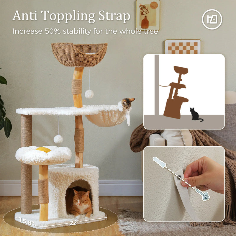 48 Inch Tall 4-Tier Solid Wood Cat Tower with Top Perch, Cozy Hammock and Cave