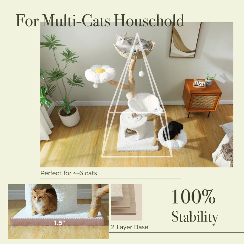 59 Inch Tall 5-Tier Wood Cat Tower with Perches and Ground-Level Cave