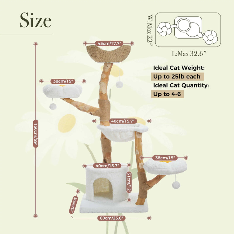 59 Inch Tall 5-Tier Wood Cat Tower with Perches and Ground-Level Cave