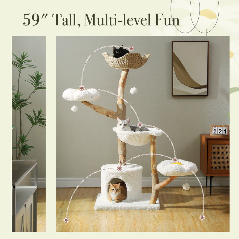 59 Inch Tall 5-Tier Wood Cat Tower with Perches and Ground-Level Cave