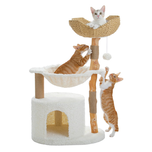 40 Inch Tall 3-Tier Cat Tower with Cozy Hammock, Wicker Nest and Ground-Level Cave