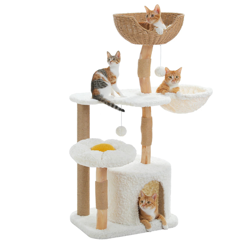 48 Inch Tall 4-Tier Solid Wood Cat Tower with Top Perch, Cozy Hammock and Cave